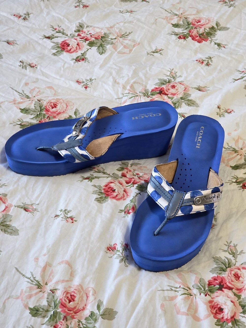 Coach Jaden Blue White Polka Dot Wedge Flip Flop | Signature Sole | Size 6 Y2K - Picture 14 of 15
